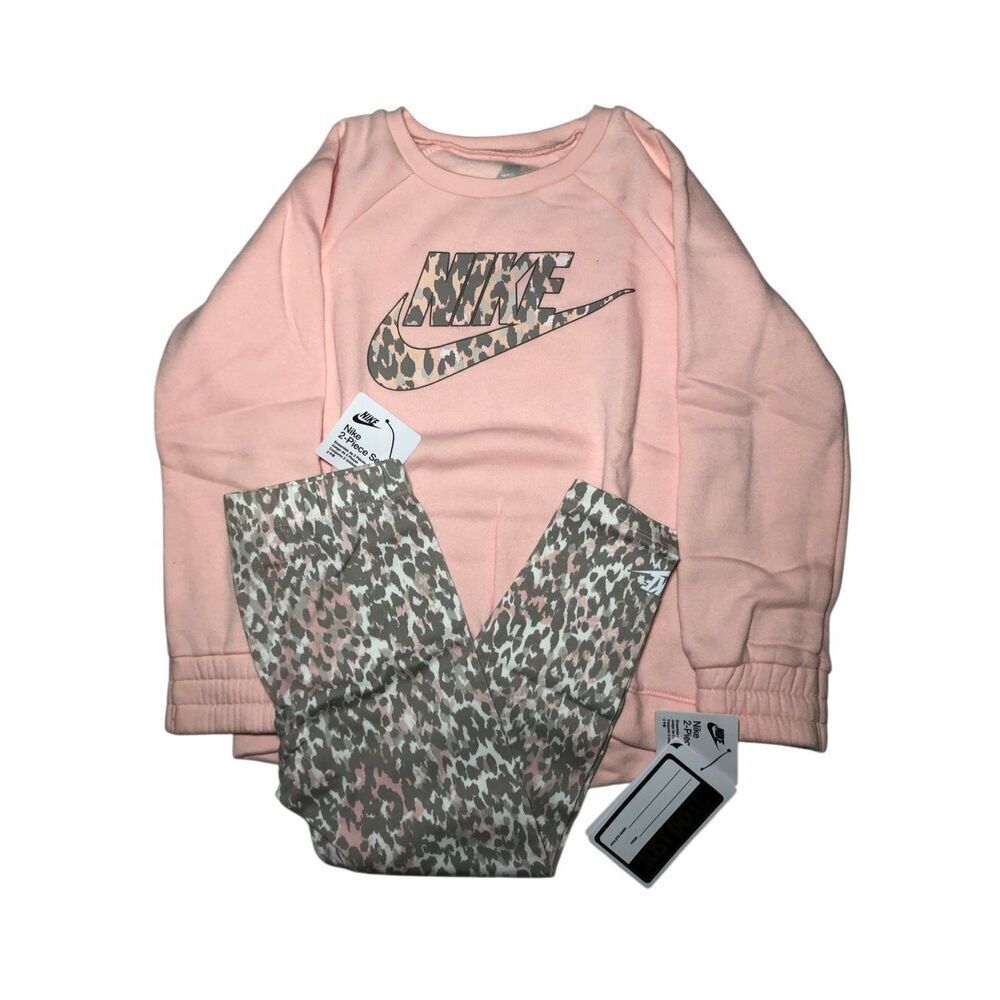 Nike Little Girls Fleece Tunic Sweatshirt and Leggings 2 Piece Set (Pink/Lepard)